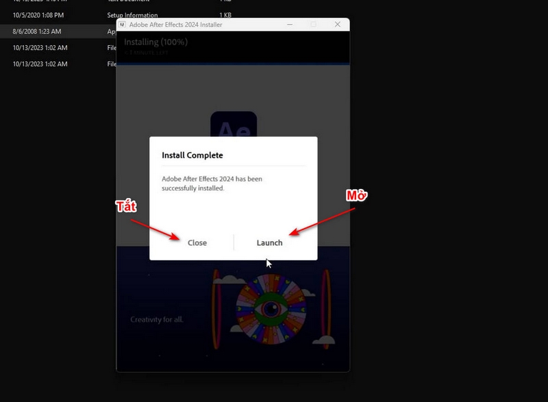 adobe after effects 2024 close de thoat hoac launch
