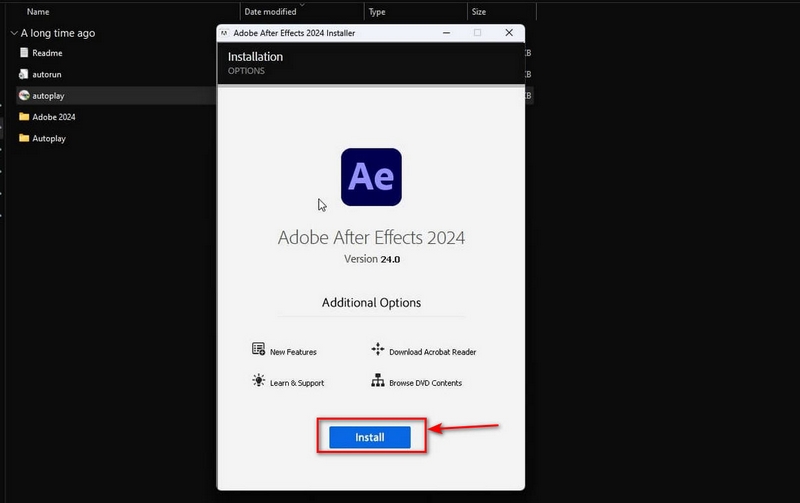 adobe after effects 2024 hay nhan vao nut install