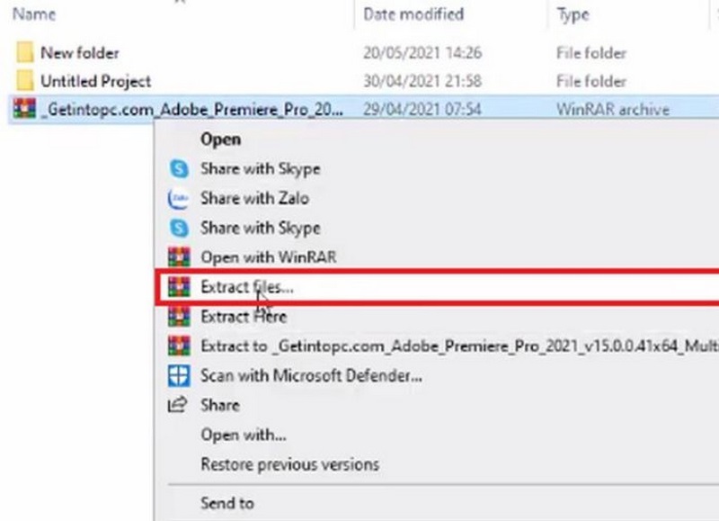premiere pro 2021 nhan chon extract files
