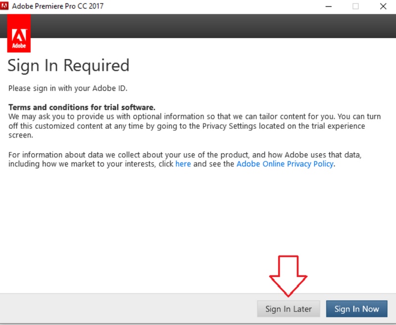 premiere pro cc 2017 bam sign in later