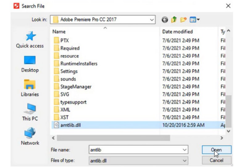 premiere pro cc 2017 chon tep amtlib dll