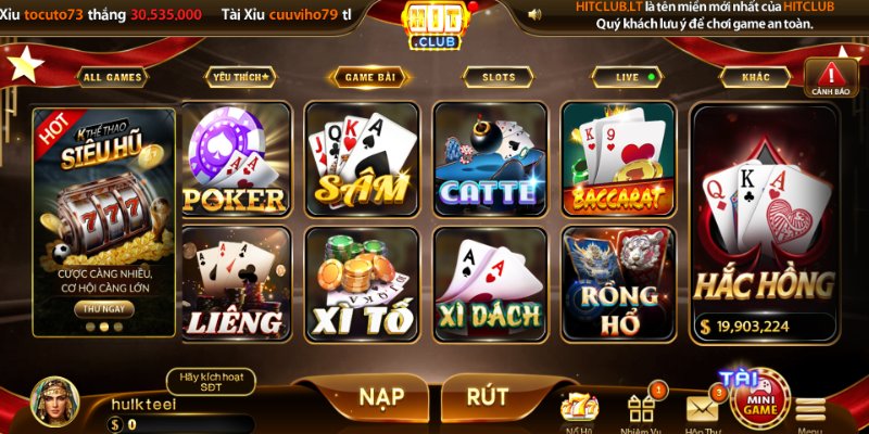 Giao diện game bài Hitclub trực quan dễ thao tác 