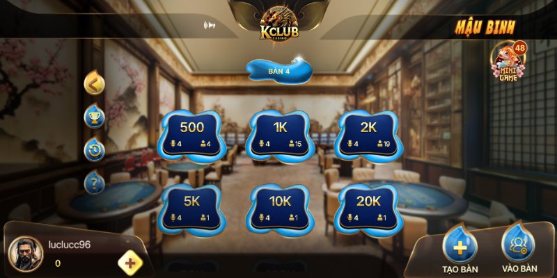 Giao diện game bài KClub trực quan, thao tác nhanh