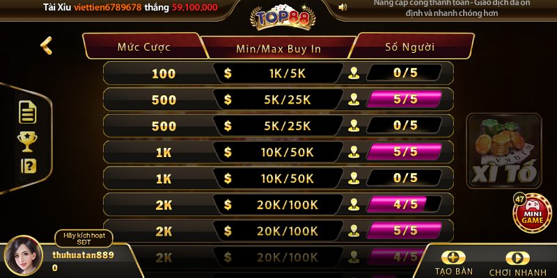 Danh mục trò chơi game bài đa dạng, dễ lựa chọn