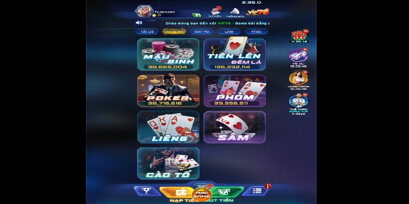 Giao diện danh mục game bài Vip79 hiện đại